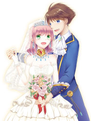 Rule 34 | 1boy, 1girl, :d, blue eyes, blue suit, bouquet, breasts, bridal veil, brown hair, bartz klauser, commentary request, couple, detached sleeves, dress, final fantasy, final fantasy v, flower, gloves, green eyes, holding hands, large breasts, lenna charlotte tycoon, open mouth, pink hair, short hair, smile, suit, veil, wedding dress, white background, white dress, white gloves, white sleeves, yuuri mitsuki