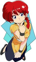 Rule 34 | 1girl, black footwear, blue eyes, blue pants, braid, braided ponytail, chinese clothes, eyeliner, eyeshadow, flats, full body, highres, looking at viewer, makeup, non-web source, pants, ranma-chan, ranma 1/2, red hair, shirt, short sleeves, simple background, solo, sweatdrop, thinking, wristband, yellow shirt, yo-co