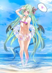 Rule 34 | 1girl, absurdres, aqua hair, barefoot, bat wings, beach, bikini, blue sky, blush, bottomless, bracelet, breasts, collarbone, convenient censoring, day, deluxe&lt;&lt;&lt;, demon girl, demon horns, demon tail, demon wings, eyebrows, fang, green hair, hair between eyes, highres, horns, innertube, jewelry, lol comments, long hair, looking at viewer, navel, ocean, open mouth, original, outdoors, partially submerged, purple eyes, ryisu (deluxe&lt;&lt;&lt;), sand, sketch, sky, small breasts, smile, solo, standing, strapless, swim ring, swimsuit, tail, tube top, twintails, very long hair, wading, water, wings