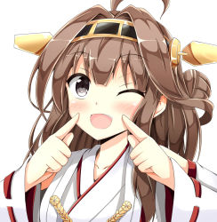 Rule 34 | 10s, 1girl, :d, ;d, ahoge, aikawa ryou, bare shoulders, black eyes, blush, brown hair, detached sleeves, double bun, fingers to cheeks, hair bun, hairband, headgear, highres, japanese clothes, kantai collection, kongou (kancolle), long hair, looking at viewer, md5 mismatch, nontraditional miko, one eye closed, open mouth, resolution mismatch, simple background, smile, solo, source smaller, upper body, white background
