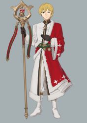Rule 34 | 1boy, alternate costume, bishounen, black eyes, blonde hair, boots, commentary, ebinku, english commentary, fire emblem, fire emblem: thracia 776, full body, grey background, highres, holding, holding staff, long sleeves, looking at viewer, male focus, nintendo, pants, robe, short hair, simple background, sleuf (fire emblem), smile, solo, staff, standing, white footwear, white pants, white robe, wide sleeves