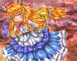 Rule 34 | 1girl, belt, bow, chain, clenched hand, clenched hands, cloud, cloudy sky, cuffs, frown, gourd, hair bow, horns, ibuki suika, lips, long hair, looking at viewer, low-tied long hair, orange hair, red background, ribbon, shackles, skirt, sky, sleeveless, solo, taremayu (kikai tomato), touhou, very long hair, wrist cuffs, yellow eyes