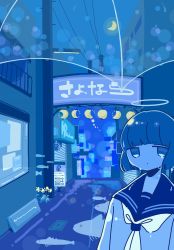 Rule 34 | 1girl, absurdres, angel, blouse, blue eyes, blue theme, bob cut, building, bulletin board, city, commentary request, crescent, crescent moon, dripping, expressionless, fish, flower, full moon, glaring, halo, hanging light, highres, jitome, kanji, lamppost, lantern, long sleeves, looking at viewer, loose clothes, medium hair, moon, neckerchief, night, night sky, original, outdoors, paper lantern, power lines, road, sailor collar, school uniform, serafuku, shirt, sign, sky, solo, sskitaco, standing, umbrella, utility pole, water, wet, white neckerchief, white serafuku, yellow flower