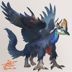 Rule 34 | animal focus, beak, bird wings, brown background, cassowary, chimera, commentary, creature, english commentary, feathered wings, from side, full body, griffin, highres, looking at viewer, no humans, original, red eyes, signature, simple background, solo, talons, twitter username, wings, yamamura le