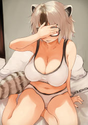 Rule 34 | 1girl, animal ears, batta (kanzume quality), black hair, black nails, blush, bound, bound wrists, bra, breasts, cleavage, covering face, covering own eyes, cuffs, glasses, handcuffs, large breasts, multicolored hair, nail polish, on bed, original, panties, raccoon ears, raccoon girl, raccoon tail, short hair, sitting, solo, sports bra, tail, two-tone hair, underwear, underwear only, white bra, white hair, white panties, yokozuwari