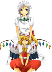 Rule 34 | 2girls, adapted costume, apron, ascot, between legs, blonde hair, blue hair, blue skirt, braid, buttons, closed mouth, collared shirt, crystal, feet out of frame, flandre scarlet, frilled apron, frilled sleeves, frills, grey hair, hand between legs, hands on another&#039;s cheeks, hands on another&#039;s face, izayoi sakuya, light smile, looking at viewer, maid, maid apron, maid headdress, medium hair, multicolored wings, multiple girls, nagusa74, orange hair, puffy short sleeves, puffy sleeves, red skirt, red vest, shirt, short sleeves, simple background, skirt, skirt set, touhou, twin braids, v arms, vest, white apron, white background, white shirt, wings, yellow ascot