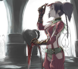 Rule 34 | 1girl, armor, bad id, bad pixiv id, belt, black hair, blood, blood in hair, blood on clothes, bloody weapon, braid, breasts, brown hair, center opening, chakram, claws, cleavage, cleavage cutout, clothing cutout, cowboy shot, eiserne drossel (weapon), expressionless, face, feathers, from side, gloves, hair between eyes, twirling hair, hand up, highres, holding, holding weapon, huge weapon, jewelry, large breasts, lipstick, long hair, looking up, makeup, midriff, navel, neck ring, no bra, o-ring, o-ring top, pinstripe pattern, planted, profile, ring blade, short shorts, short twintails, shorts, single braid, solo, soul calibur, soulcalibur, soulcalibur iv, standing, striped, suspenders, tea (nakenashi), tira (soulcalibur), twintails, vambraces, weapon