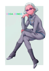 Rule 34 | 1girl, blue eyes, boots, colored skin, copyright name, decadence (anime), elbow on knee, full body, grey pants, grey shirt, highres, humanization, invisible chair, jill (decadence), mayunooekaki, pants, pink skin, purple-tinted eyewear, purple-tinted glasses, shirt, short hair, silver hair, simple background, sitting, solo, sunglasses, tinted eyewear