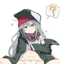 Rule 34 | 1girl, ?, absurdres, clothes lift, g11 (girls&#039; frontline), girls&#039; frontline, green jacket, grey hair, highres, jacket, lifting own clothes, looking at viewer, luke (dydansgur), navel, panties, pink panties, shirt lift, simple background, squeans, sleepy, solo, spoken question mark, spread legs, stomach, underwear, white background