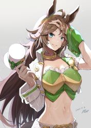 Rule 34 | 1girl, absurdres, ahoge, animal ears, arm up, armband, breasts, brown hair, choker, cleavage, cropped jacket, dated, gashitani, green eyes, green shirt, grey background, hand in own hair, hand up, hat, highres, holding, holding clothes, holding hat, horse ears, horse girl, horse tail, jacket, long hair, looking at viewer, medium breasts, midriff, mini hat, mini top hat, mr. c.b. (umamusume), navel, open clothes, open jacket, open mouth, pants, shirt, signature, single sleeve, single wrist cuff, smile, solo, strapless, strapless shirt, tail, top hat, umamusume, upper body, wet, wet clothes, wet hair, white jacket, white pants, wrist cuffs
