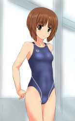 Rule 34 | 10s, 1girl, arena (company), arms behind back, bad id, bad pixiv id, blue one-piece swimsuit, breasts, brown eyes, brown hair, competition swimsuit, cowboy shot, girls und panzer, gray swimsuit, grey one-piece swimsuit, highres, logo, looking at viewer, nishizumi miho, one-piece swimsuit, parted lips, short hair, small breasts, solo, standing, striped clothes, striped one-piece swimsuit, swimsuit, takafumi, window