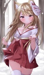 Rule 34 | 1girl, animal ear fluff, animal ears, bare tree, blush, bow, breasts, brown hair, cleavage, closed mouth, commentary request, fox ears, fox mask, hakama, hakama short skirt, hakama skirt, hand up, highres, japanese clothes, kimono, komomo (ptkrx), long hair, long sleeves, looking at viewer, mask, mask on head, medium breasts, miko, nail polish, off shoulder, original, outdoors, red bow, red eyes, red hakama, red nails, skirt, smile, snow, snowing, solo, thighhighs, tree, white kimono, white thighhighs, wide sleeves