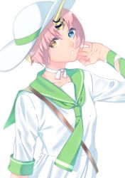 Rule 34 | 1girl, akapug621, arm ribbon, bad id, bad pixiv id, blue eyes, fate/apocrypha, fate (series), frankenstein&#039;s monster (fate), green neckwear, green ribbon, green sailor collar, hat, hat ribbon, heterochromia, horns, official alternate costume, open mouth, pink hair, ribbon, sailor collar, shirt, short hair, simple background, single horn, skirt, solo, sun hat, upper body, white background, white hat, white shirt, white skirt, yellow eyes