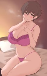 Rule 34 | 1girl, aged up, akiyama yoshiko, bed, bedroom, blurry, blush, bra, breasts, brown eyes, brown hair, cleavage, collarbone, depth of field, earrings, girls und panzer, half-closed eyes, hand on own cheek, hand on own face, hotmilk, jewelry, large breasts, looking at viewer, mature female, navel, open mouth, panties, pillow, pink bra, pink panties, short hair, sitting, smile, solo, steam, underwear, underwear only, wall