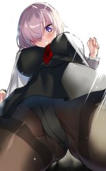 Rule 34 | 1girl, between breasts, breasts, brown pantyhose, crotch, crotch seam, fate/grand order, fate (series), foreshortening, from below, hair over one eye, jpeg artifacts, large breasts, looking at viewer, mash kyrielight, necktie, necktie between breasts, open mouth, panties, panties under pantyhose, pantsu (lootttyyyy), pantyhose, purple eyes, purple hair, short hair, solo, sunlight, thighband pantyhose, underwear, upskirt, white panties