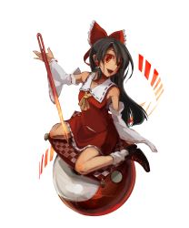 Rule 34 | 1girl, absurdres, bad id, bad pixiv id, black hair, bow, crazy eyes, detached sleeves, female focus, full body, hair bow, hakurei reimu, highres, japanese clothes, kneeling, long hair, miko, needle, open mouth, pillow, red eyes, shimadoriru, sitting, smile, solo, touhou, transparent background, yin yang