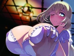 Rule 34 | 1girl, blonde hair, blue eyes, blurry, blush, breasts, ceiling, cleavage, covered erect nipples, crossed bangs, deep skin, depth of field, frills, from below, ga bunko, gigantic breasts, grabbing, grabbing another&#039;s breast, hand up, huge breasts, hundred (light novel), indoors, long hair, looking at viewer, nightgown, novel illustration, official art, one eye closed, ookuma nekosuke, outside border, parted lips, serbia notredame paulo iii, short sleeves, solo focus, textless version, upper body