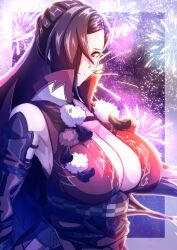 Rule 34 | 1girl, absurdres, alternate costume, bare shoulders, breasts, brown eyes, brown hair, cleavage, closed mouth, detached sleeves, fire emblem, fire emblem fates, fireworks, hair over one eye, highres, kagero (fire emblem), large breasts, long hair, looking at viewer, night, night sky, nintendo, sky, smile, solo, to (tototo tk), upper body