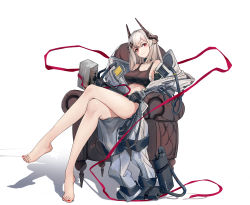 Rule 34 | 1girl, absurdres, arknights, armchair, baoliehuo yanhong, bare arms, bare shoulders, barefoot, black choker, black gloves, breasts, chair, chinese commentary, choker, commentary request, crop top, crossed legs, feet, full body, gloves, hammer, head tilt, highres, holding, holding hammer, holding weapon, horns, legs, long hair, looking at viewer, medium breasts, midriff, mudrock (arknights), nail polish, pointy ears, red eyes, red nails, sarashi, shadow, silver hair, simple background, sitting, solo, sports bra, stomach, thighs, toenail polish, toenails, toes, weapon, white background