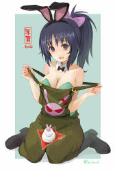 Rule 34 | 1girl, 2023, alternate hairstyle, animal ears, black bow, black bowtie, black footwear, blue eyes, blue hair, boots, bow, bowtie, breasts, chinese zodiac, cleavage, collar, commentary, detached collar, emblem, fake animal ears, girls und panzer, green background, green leotard, green overalls, hair bow, hair up, kagami mochi, leotard, leotard under clothes, looking at viewer, medium breasts, medium hair, new year, official alternate costume, open mouth, outside border, ponytail, purple bow, rabbit, rabbit ears, sitting, smile, solo, strap slip, translated, twitter username, wariza, white collar, wing collar, yamagou ayumi, year of the rabbit, yurikuta tsukumi