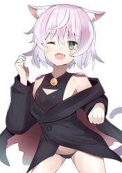 Rule 34 | 1girl, absurdres, bandages, bare shoulders, black jacket, black panties, blush, breasts, cat, chorome1122, cleavage cutout, clothing cutout, commentary request, dot nose, fangs, fate/apocrypha, fate (series), green eyes, highres, jack the ripper (fate/apocrypha), jacket, long sleeves, looking at viewer, one eye closed, panties, scar, short hair, silver hair, small breasts, smile, solo, underwear