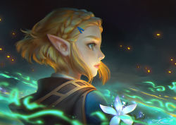 Rule 34 | 1girl, aura, blonde hair, blue eyes, blue tunic, braid, cloak, commentary, crown braid, english commentary, flower, from side, hair ornament, hairclip, nintendo, parted lips, pink lips, pointy ears, princess zelda, profile, short hair, silent princess, the legend of zelda, the legend of zelda: breath of the wild, the legend of zelda: tears of the kingdom, viktoria gavrilenko