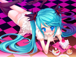 Rule 34 | 1girl, aqua hair, aqua nails, ass, black thighhighs, blue eyes, cake, checkered floor, female focus, floor, food, food on face, hatsune miku, hisasi, licking, licking finger, long hair, lying, nail polish, on stomach, panties, pastry, pudding, single thighhigh, solo, thighhighs, thighs, underwear, vocaloid, white panties, world is mine (vocaloid), yamaha