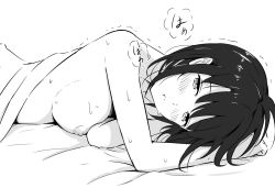 Rule 34 | 1girl, aftersex, arm support, asou (asabu202), black hair, blush, breasts, greyscale, katou megumi, lying, medium breasts, messy hair, monochrome, nipples, nude, on stomach, saenai heroine no sodatekata, solo, sweat, under covers, white background