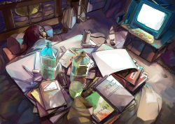 Rule 34 | androgynous, bottle, can, cup, gender request, indoors, kotatsu, messy room, original, pencil, pillow, sleeping, solo, table, tarako umai, television, water bottle