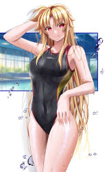Rule 34 | 1girl, bare arms, black one-piece swimsuit, blonde hair, breasts, closed mouth, competition swimsuit, covered navel, fate testarossa, hand in own hair, highres, large breasts, long hair, looking at viewer, lyrical nanoha, mahou shoujo lyrical nanoha strikers, one-piece swimsuit, red eyes, smile, solo, sougetsu izuki, standing, straight hair, swimsuit, very long hair, wet, wet hair