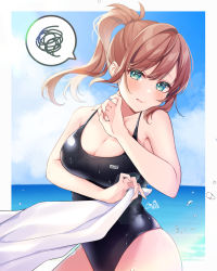 Rule 34 | 1girl, absurdres, anzu (vtuber), anzu 1026, breasts, brown hair, cleavage, cloud, green eyes, hands up, highres, indie virtual youtuber, large breasts, light blush, long hair, ocean, one-piece swimsuit, parted lips, ponytail, signature, solo, swimsuit, virtual youtuber
