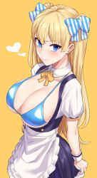 Rule 34 | 1girl, apron, bikini, bikini top only, blonde hair, blue bikini, blue eyes, blue nails, bow, breasts, cleavage, closed mouth, detached collar, fingernails, hair bow, heart, highres, large breasts, lina (michihasu), long hair, looking at viewer, maid apron, michihasu, multiple hair bows, nail polish, neck ribbon, original, puffy short sleeves, puffy sleeves, ribbon, short sleeves, simple background, smile, solo, straight hair, striped, striped bow, swimsuit, two side up, underboob, underbust, waist apron, white apron, wrist cuffs, yellow background, yellow ribbon