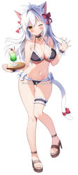 Rule 34 | 1girl, ;), aina rive, animal ear fluff, animal ears, bell, bikini, black bikini, black choker, blue sky, bow, breasts, cat ears, cat girl, cat tail, choker, cleavage, closed mouth, cloud, commission, cup, day, drinking glass, frilled bikini, frills, groin, hair between eyes, hair intakes, hands up, holding, holding tray, horizon, jingle bell, looking at viewer, mauve, medium breasts, navel, neck bell, ocean, one eye closed, original, outdoors, pixiv commission, red bow, simple background, sky, smile, solo, swimsuit, tail, tail bow, tail ornament, tray, water, white background, white hair, yellow eyes