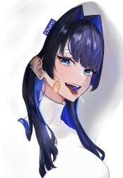Rule 34 | 1girl, bandaid, bandaid on face, black hair, blending, blue eyes, breasts, candy, character name, colored inner hair, commentary, ear piercing, english commentary, food, food in mouth, hair intakes, hair over shoulder, highres, hololive, hololive english, hood, hoodie, large breasts, lollipop, long hair, multicolored hair, open mouth, ouro kronii, piercing, shirt, smile, solo, tongue, turtleneck, two-tone hair, virtual youtuber, white hoodie, white shirt, xsilentred