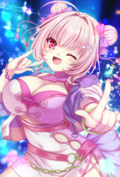Rule 34 | 1girl, \m/, ahoge, alternate hair color, alternate hairstyle, asazuki kanai, bare shoulders, blurry, blurry background, bow, breasts, china dress, chinese clothes, cleavage, covered navel, double bun, dress, fang, hair bow, hair bun, hair intakes, hair ornament, heart, heart hair ornament, highres, idolmaster, idolmaster cinderella girls, idolmaster cinderella girls starlight stage, jacket, large breasts, looking at viewer, multicolored clothes, multicolored jacket, nail polish, night, official alternate costume, official alternate hairstyle, one eye closed, open clothes, open jacket, open mouth, pink eyes, pink hair, pink jacket, pink nails, purple bow, purple jacket, signature, smile, solo, thighs, tight clothes, tight dress, two-tone jacket, v-shaped eyebrows, wing hair ornament, wrist chain, yumemi riamu