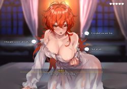 Rule 34 | ..., 1girl, areola slip, bare shoulders, blurry, blurry background, blush, breasts, cleavage, commentary request, curtains, diluc (genshin impact), dress, english text, frilled sleeves, frills, gameplay mechanics, genderswap, genderswap (mtf), genshin impact, hair between eyes, heart, highres, hominamia, indoors, large breasts, long hair, long sleeves, looking at viewer, on bed, open mouth, red eyes, red hair, scar, scar on arm, scar on chest, solo, speech bubble, white dress, window