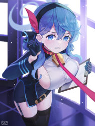Rule 34 | 1girl, absurdres, ako (blue archive), annoyed, arms behind head, arms up, bell, belt, black gloves, black pantyhose, black skirt, black thighhighs, blue archive, blue coat, blue eyes, blue hair, blue hairband, blush, breast press, breasts, buttons, clenched teeth, clipboard, closed mouth, coat, cowbell, cowboy shot, earrings, from above, furrowed brow, garter straps, gloves, hair between eyes, hairband, half gloves, halo, highres, jewelry, large breasts, leaning forward, leash, long hair, looking at viewer, neck bell, pantyhose, prock, sideboob, skirt, tearing up, teeth, thigh gap, thighhighs, viewer holding leash, zettai ryouiki