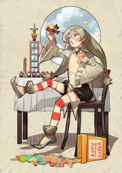 Rule 34 | 1girl, black shorts, blonde hair, brown background, brown footwear, bukimi isan, chair, commentary request, from side, full body, hair between eyes, hair ornament, hand up, highres, holding, kufufu (shy), lego, lego brick, long hair, long sleeves, orange thighhighs, red thighhighs, shoes, shorts, shy (series), solo, striped, thighhighs, white thighhighs, wide sleeves, yellow eyes