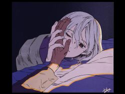 Rule 34 | 2boys, bags under eyes, black eyes, dark-skinned male, dark skin, dungeon meshi, elf, grey hair, hand on another&#039;s face, holding hands, kabe piko, kabru, lazy eye, male focus, mithrun, multiple boys, notched ear, on bed, out of frame, pointy ears, short hair, uneven eyes, yaoi