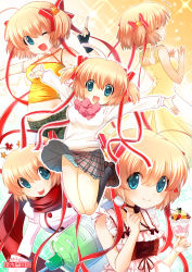 Rule 34 | 1girl, apron, blonde hair, bow, casual, closed eyes, dress, fingerless gloves, frills, gloves, green eyes, highres, jumping, kamikita komari, little busters!, midriff, multiple persona, nurse, oversized object, panties, pantyshot, parfait, pink bow, remotaro, scarf, school uniform, short hair, striped clothes, striped panties, syringe, tears, tongue, tongue out, underwear