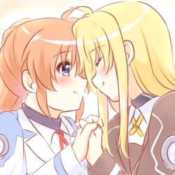 Rule 34 | 2girls, blonde hair, blue eyes, blush, collared shirt, couple, closed eyes, fate testarossa, forehead-to-forehead, holding hands, happy, heads together, interlocked fingers, jacket, kerorokjy, long hair, long sleeves, looking at another, lowres, lyrical nanoha, mahou shoujo lyrical nanoha, mahou shoujo lyrical nanoha strikers, military, military uniform, multiple girls, orange hair, red ribbon, ribbon, shirt, side ponytail, simple background, smile, takamachi nanoha, two-tone background, uniform, very long hair, white background, white shirt, yellow ribbon, yuri