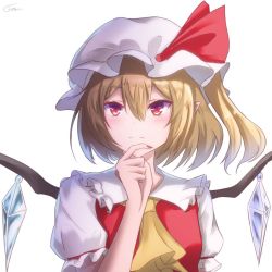 Rule 34 | 1girl, ascot, blonde hair, blush, expressionless, finger to own chin, fingernails, flandre scarlet, frilled shirt collar, frills, hair between eyes, hat, hat ribbon, light blush, looking at viewer, mob cap, nail polish, one side up, pointy ears, puffy short sleeves, puffy sleeves, red eyes, red nails, red vest, ribbon, sharp fingernails, shiranui (wasuresateraito), shirt, short hair, short sleeves, simple background, solo, touhou, upper body, vest, white background, white hat, white shirt, wings, yellow ascot