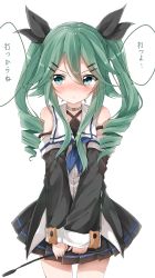 Rule 34 | 10s, 1girl, absurdres, alternate hairstyle, anchovy, anchovy (cosplay), anchovy (girls und panzer), aqua eyes, aqua hair, bare shoulders, black ribbon, black skirt, blush, buttons, cosplay, cowboy shot, detached sleeves, drill hair, embarrassed, girls und panzer, hair between eyes, hair ribbon, highres, kantai collection, long hair, looking to the side, miniskirt, parted bangs, pentagon (railgun ky1206), pleated skirt, ribbon, riding crop, skirt, sleeveless, solo, translated, twin drills, twintails, v arms, wide sleeves, yamakaze (kancolle)