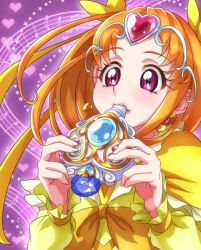 Rule 34 | 10s, 1girl, beamed quavers, bow, brown hair, chocokin, circlet, cure muse, cure muse (yellow), earrings, gem, hair bow, heart, jewelry, long hair, magical girl, musical note, pink eyes, precure, purple background, quaver, shirabe ako, solo, staff (music), star (symbol), suite precure, upper body, whistle, yellow bow