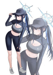 Rule 34 | 1girl, absurdres, alternate costume, baseball cap, black hair, black shorts, blue archive, blue hair, blush, breasts, cleavage, grey sports bra, halo, hat, hee (user ykux4248), highres, large breasts, looking at viewer, midriff, multicolored hair, navel, ponytail, saori (blue archive), shoes, shorts, shrug (clothing), simple background, sneakers, sports bra, stomach, two-tone hair, white background, zoom layer