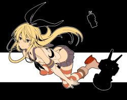 Rule 34 | 10s, 1girl, ass, blonde hair, elbow gloves, full body, gloves, kantai collection, long hair, rensouhou-chan, shimakaze (kancolle), skirt, spanking momoko, striped clothes, striped thighhighs, thighhighs, whale tail (clothing)