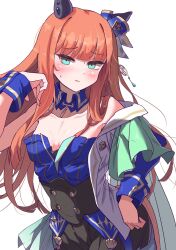 Rule 34 | 1girl, alternate costume, animal ears, blue eyes, blunt bangs, blush, breasts, cape, closed mouth, collarbone, commentary request, cosplay, earrings, hair ornament, highres, horse ears, itosu200, jewelry, looking at viewer, orange hair, silence suzuka (umamusume), single earring, small breasts, solo, umamusume, verxina (umamusume), verxina (umamusume) (cosplay), white background