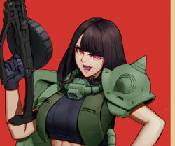 Rule 34 | 1girl, black gloves, breasts, brown hair, commentary, commission, english commentary, gloves, gun, gundam, head tilt, holding, holding gun, holding weapon, humanization, large breasts, looking at viewer, medium hair, mobile suit gundam, open mouth, pink eyes, portrait, roviahc, shoulder spikes, solo, spikes, v-shaped eyebrows, weapon, zaku ii