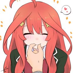 Rule 34 | 1girl, ^ ^, ahoge, black jacket, blazer, blush, closed eyes, closed mouth, collared shirt, commentary request, eyebrows hidden by hair, facing viewer, finger in another&#039;s mouth, go-toubun no hanayome, hair between eyes, hair ornament, heart, jacket, kujou karasuma, long hair, long sleeves, nakano itsuki, open clothes, open jacket, out of frame, red hair, shirt, signature, simple background, smile, solo focus, spoken heart, star (symbol), star hair ornament, sweater vest, upper body, white background, white shirt