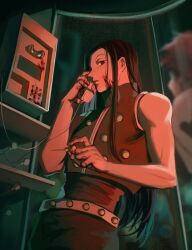 Rule 34 | 1boy, black hair, blood, blood on face, blood on hands, blood splatter, empty eyes, enyalee, feet out of frame, highres, holding, holding needle, holding phone, hunter x hunter, illumi zoldyck, long hair, looking at viewer, male focus, needle, phone, phone booth, red theme, solo